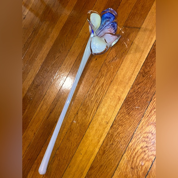 Tall Murano Italy Art Glass Blue Pink & Green Long Stem Flower - Picture 1 of 5